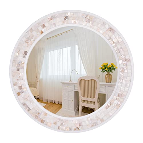 Tanmicoshomy Round Wall Mirror 20 Inch Circle Mosaic Mirror With Natural Mother Of Pearl And Wooden Frame, Hanging Decorative Wall Mirror,For Entryway, Living Room Or Bathroom（Nature White） #TOP4