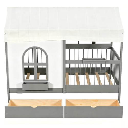 Image of Twin Size House Bed with 2 Large Drawers, Side Bookshelf with LED Strip, Cozy Reading Nook & Playhouse for Boys & Girls (Gray-TT)