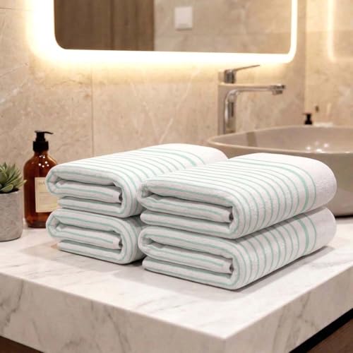 Athom Living Premium Hand Towels- Cotton, 400 GSM, Ultra Soft, Quick Dry, Highly Absorbent | for Hand, Kitchen and Gym | 60 * 40 cm, Pack of 4 (White with Sea Green)