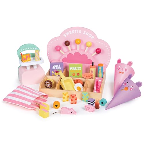 Tender Leaf Toys Sweetie Pic'n'Mix Shop Bunte Holz-Süßigkeitsset für Kinder im Retro-Stil mit Süßigkeiten, Löffel, Skala und Tasche, fördert fantasievolles Spielen und Fähigkeiten
