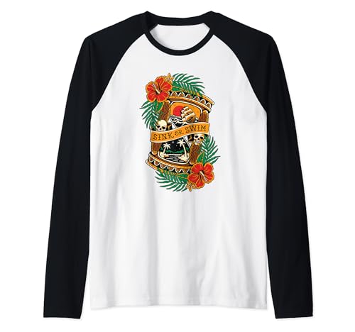 American Traditional Tattoo Old School Flash Skull Reloj de arena Camiseta Manga Raglan