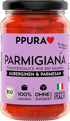 PPURA Tomatensauce Parmigiana 340g – Bio Tomatensoße mit Auberginen & Parmesan, Pasta Sauce mit...