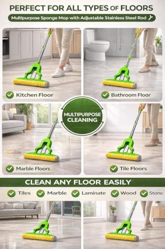 Image of Sponge Mop with Easy Squeeze Handle, Super Absorbent Floor Cleaning Mop, Adjustable Steel Rod, Multipurpose Kitchen Bathroom Cleaning, Magic Floor Wiper (Random Color Will Be Sent as Per Availability)