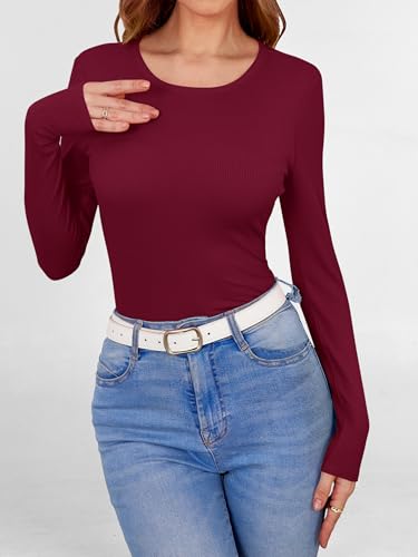 Image of ANRABESS Women Long Sleeve Shirts Rib Knit Slim Fit Tops Basic Tee 2025 Fall Outfits Casual T-Shirt Underscrubs Layer Clothes