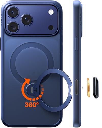 TORRAS Ostand Q3 Spin für iPhone 17 Pro Hülle (360Stabilen Ständer für Magsafe) Militärschutz Handyhülle für iPhone 17 Pro Case mit Kamera-Tastenschutz Schlank Kratzfeste Matt Rückseite Blau