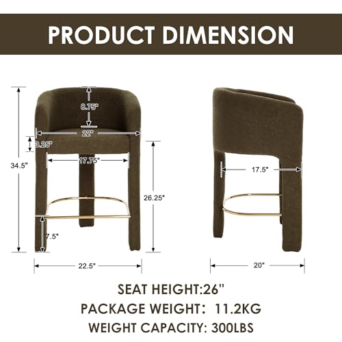 Image of HNY Modern Barrel Bar Stools Set of 2, 26 Inch Upholstered Sherpa Counter Height Bar Stools with Back and Armrests for Kitchen Island, Home Bar, Dining Room, No Assembly, Green