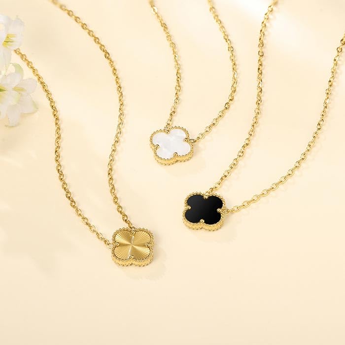 Image of Real 18K Gold Plated Necklaces for Women (Double Sided) Dainty Pendant Necklace Set (High Tarnish & Water Resistant) Trendy Four Leaf Cute Lucky Clover Jewelry Gifts for Women, Black White Gold (Gold+White+Black)