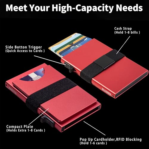 Image of Card Holder Wallets for Men | Slim Aluminum Wallet | RFID Blocking Minimalist Metal Pop Up Wallet | Money Clip & Cash Band | Expandable Compact Plate | Men's Accessories & Gifts for Men,Red