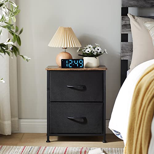 Somdot Nightstand With 2 Drawers, Bedside Table Small Dresser With Removable Fabric Bins For Bedroom Nursery Closet Living Room - Sturdy Steel Frame, Wood Top, Pull Handle - Black/Rustic Brown #TOP1