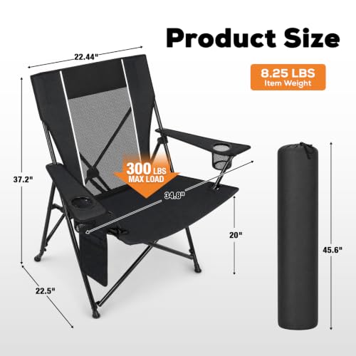 Image of Romswi Portable Folding Camping Chair for Adults, Heavy Duty Outdoor Sports Chair with Dual Cup Holders, Side Pocket and Carry Bag, Camping Chair for Lawn, Beach, Fishing, Picnic and Tailgating,Black