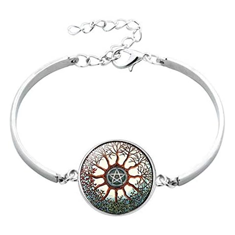 Giwotu Womens Silver Color Magic Wicca Pentagram Glass Cabochon Bangle Luck Satanism Occult Star Bracelet Women Men Fashion Jewelry, Metal Cover