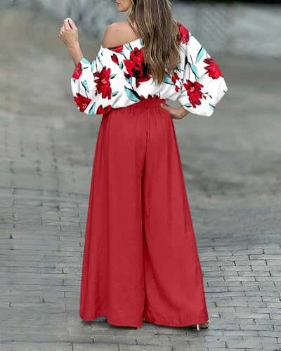 Image of CHICME Women Summer 2 Piece Outfits Off Shoulder Top Flowy Wide Leg Pants Set Vacation Travel Airport Outfits
