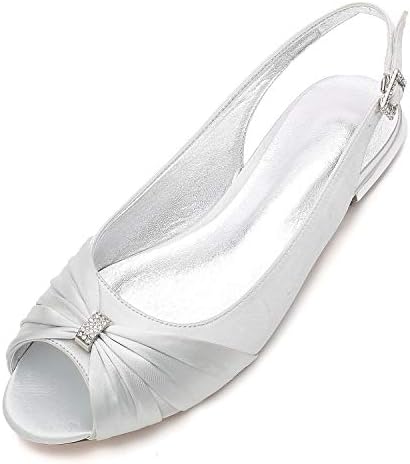 LLBubble Women Comfort Flat Satin Wedding Shoes Peep Toe Buckle Strap Bridal Evening Party Flats Shoes-Silver-8.5