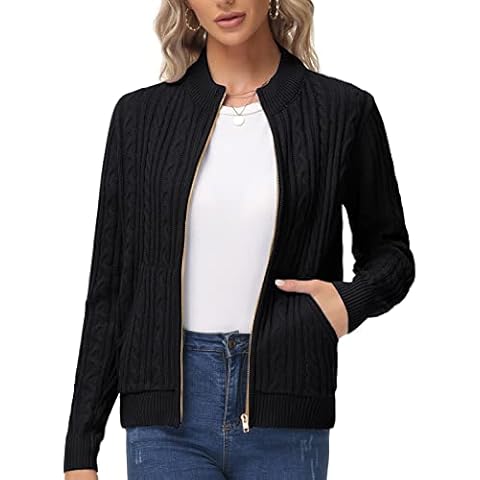 Women's Zip Up Cable Knit Sweater Long Sleeve Open Front Cardigan Warm Chunky Knit Cardigan with Pockets Outwear Coat Black XL KC0277A22 Cover