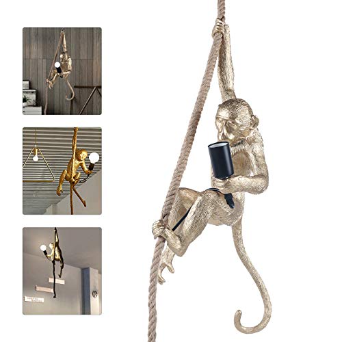 Fichiouy Vintage Hemp Rope Monkey Pendant Light, Industrial Retro Decorative Wall Lamp Table Lamp For Dining Living Room Bedroom Bar Cafe Black/Gold/White (Gold Pendant Light) #TOP4