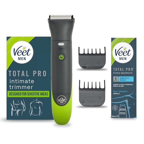 Veet Men Intimate Trimmer TOTAL PROTM, Rasoio elettrico uomo corpo e parti intime, 1 testina per zona intima e corpo e 2 pettini guida, Rifinitura precisa, Cordless + Crema Ascelle 100 ml