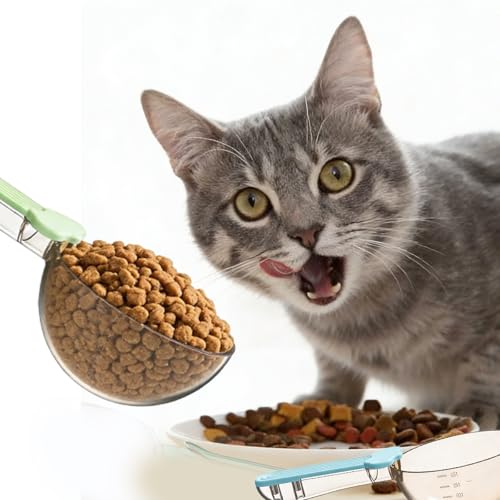 2 Stück Pet Food Scoop Messschaufel mit Clip, Genauige Haustierfutter Scoop, Artikel Tierfutterlöffel, für Hunde, Katzen, Reis, Mehl, Sojabohnen und Andere Körner Verwendet Werden (Blau und Grün)