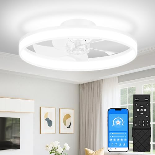 VOLISUN Low Profile Ceiling Fans with Lights and Remote, 20in Flush Mount Ceiling Fans with Light, Dimmable Fandelier LED Fan Lights, Bladeless Ceiling Fan with Light for Bedroom(White) by VOLISUN - Used condition - CA$81.20