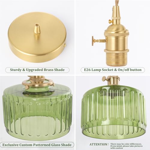 Image of Shenmoyl Pendant Light 2 Pack with Green Striped Glass Lmapshade, Brass Vintage Pendant Light Adjustable Hanging Light for Kitchen Island Dining Room Hallway