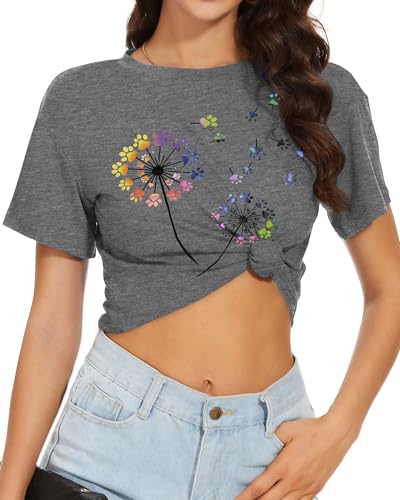 Image of Womens Summer Crop Tops Short Sleeve Round Neck T-Shirts Loose Fit Casual Blouse 2026