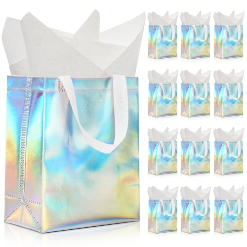 KeerxunBag 12pcs Reusable Gift Bags（Includes Tissue Paper） Gift bag with handle Birthdays Parties Holidays Weddings Medium 10x4x8in blue Gift Bags