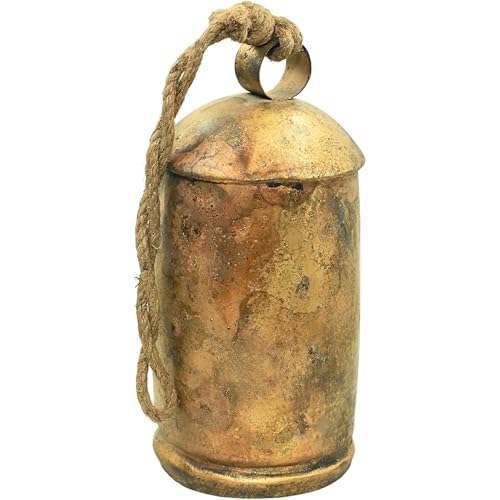 Rustic Large Hanging Metal Bell with Rope – Handcrafted Vintage Farmhouse Bell for Outdoor Garden, Porch, Patio, or Christmas Décor – Distressed Antique Gold Finish