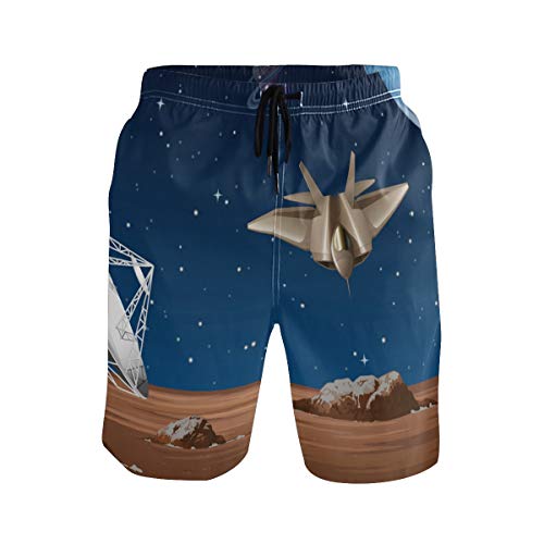 Herren Badehose Galaxy Planet Raumschiff mit Satellitenschüssel schnell trocknende Boardshorts mit Kordelzug und Taschen Gr. L, Mehrfarbig