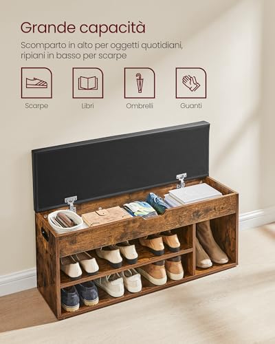 VASAGLE Scarpiera Panca Ingresso, Panca Contenitore con Cuscino Imbottito, 3 Scomparti, Ripiani, Soggiorno Corridoio Camera da Letto, Portata 136 kg, Marrone Vintage LHS130B01 - Immagine 4