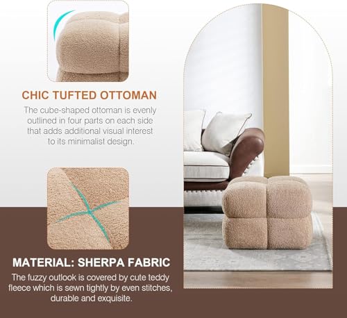 Image of Zesthouse Square Pouf Ottoman Set of 2, Modern Backless Vanity Chair for Bedroom, Tan Fuzzy Foot Rest for Couch, Upholstered Tufted Footstool, Sherpa Fabric Ottoman Coffee Table for Living Room