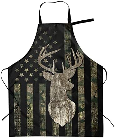Camo Camouflage Hunting Deer American Flag Funny Bbq Adjustable Apron For Women Men Birthday Gifts Grilling Cooking Master Chef Bib 2 Pockets