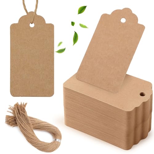HAKACC 100 Stück Kraftpapier Anhänger (4x7 cm) mit Juteschnur Braune Etiketten & Geschenkanhänger zum Beschriften für Geburtstag Hochzeit Geschenkverpackung & DIY-Basteln