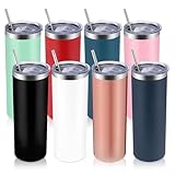 Volhoply 8 Pack Skinny Tumblers with Lid and Straw, 20oz Stainless Steel Straight Tumbler Bulk, Vacuum Insulated Coffee Mug for Home, Office, Travel, DIY (Mix Color,8 Pack)