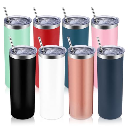 Volhoply 8 Pack Skinny Tumblers with Lid and Straw, 20oz Stainless Steel Straight Tumbler Bulk, Vacuum Insulated Coffee Mug for Home, Office, Travel, DIY (Mix Color,8 Pack)