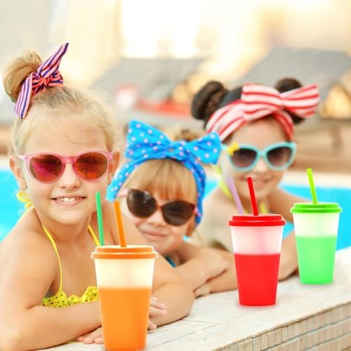 10 Pack Color Changing Cups with Lids and Straws, 24 oz Reusable Plastic Cold Cups, Leakproof Iced Coffee Smoothie Tumblers for Adults Kids, 10 Colors for Party Picnic Travel — view 5