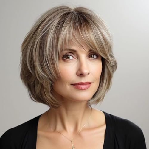 Baruisi Women Light Brown Wig Short Bob Wig with Bangs Synthetic Modern Cosplay Hair Wig