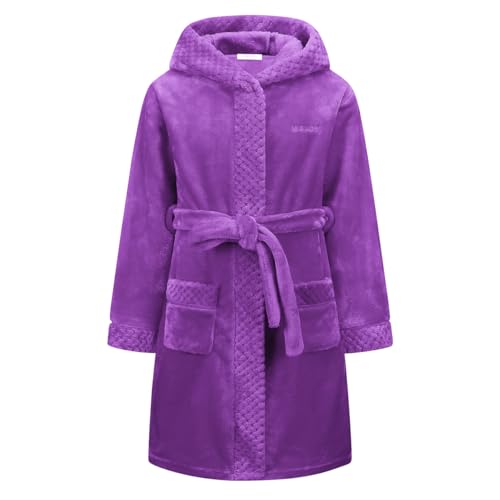 BuyiRen Boys Girls Dressing Gown Kids Robes - Flannel Hooded Robe Loungewear with Silk Eye Mask, Purple, 13-15 Years