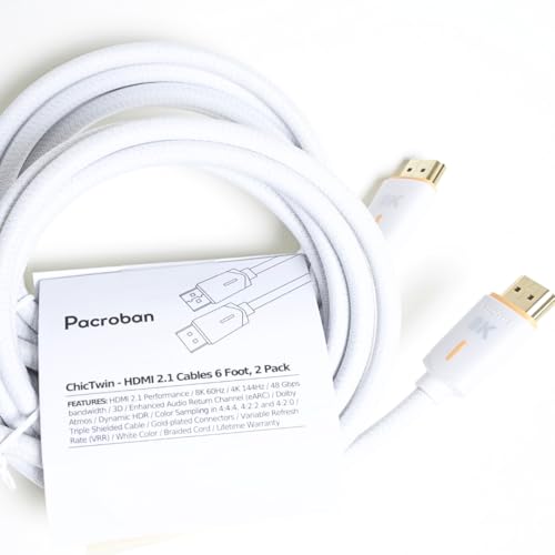 Image of Pacroban HDMI Cable 10ft 2-Pack | Ultra High Speed 48Gbps 8K@60Hz 4K@144Hz 4K@120Hz | White Cotton Braided HDMI 2.1 Cord with eARC HDR | Male to Male for PS5 Xbox TV Monitor PC Projector