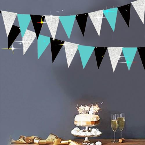 Image of Teal Turquoise Black Graduation Decorations 2026 /Turquoise Black Graduation Party Decorations /Turquoise Birthday Party /Teal Silver Triangle Banners 2pcs for Bridal Shower /Wedding