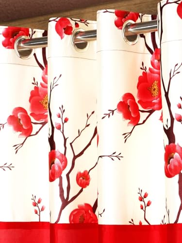 Image of Fashion String 2 Pieces 3D Tulip Patch Grommet Polyester Door Curtains - 7 Feet, Red