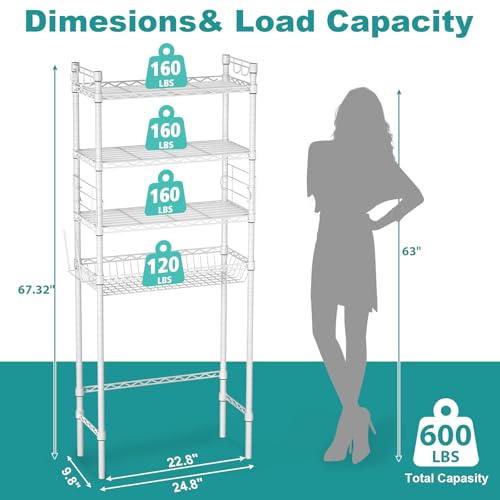 Image of Over The Toilet Storage Shelf - 4-Tier Adjustable Metal Bathroom Organizer Shelves, Freestanding Space Saver with Basket & Paper Holder, Bathroom Storage Rack Above Toilet for Laundry, White