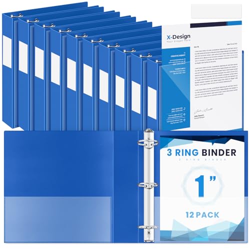 Henoyso 12 Pcs 1 Inch 3 Ring Flexible Poly Binders Bulk, Blue Plastic Telescoping 3 Ring Binder with Clear Front Cover and 2 Inner Pockets, Holds 240 Sheets 8.5