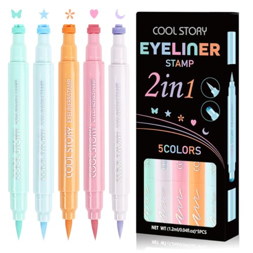 Conjunto de 5 delineadores de olhos de ponta dupla, coloridos, mate, líquido, com selos de estrela, coração, lua, flor e borboleta. Maquilhagem de olhos durável, de secagem rápida e resistente à água