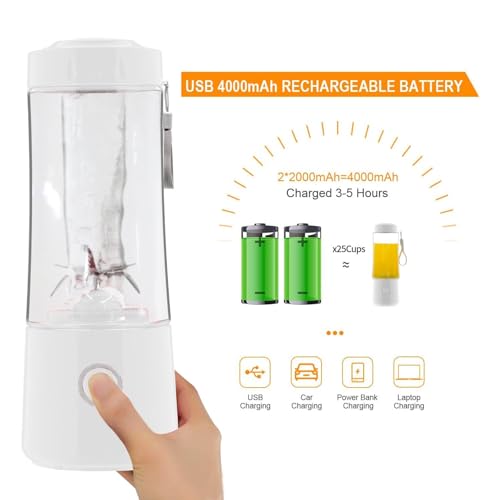 Image of Portable Blender Electric Juicer USB Rechargeable Fruit Mixers Mini Personal Smoothie Maker 6 Blades 3 Gears Ideal for smoothies, protein shakes, fresh juices, sauces -1500mAh Battery (WHITE-02)