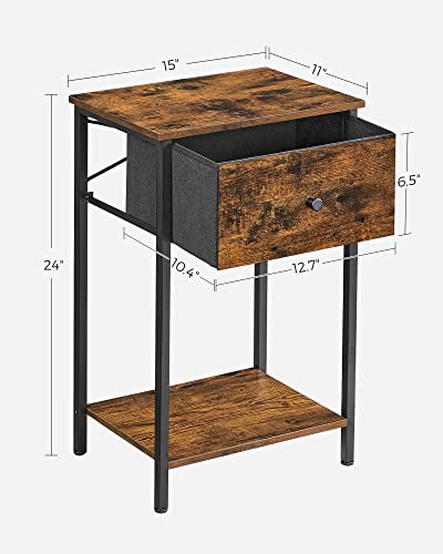 VASAGLE Nightstand with Drawer, Bed Side Table, Small Table, Tall Night Stand with Fabric Storage and Shelf for Bedroom, Dorm, Easy Assembly, Rustic Brown and Black ULGS021B01, 11D x 15W x 24H in - Thumbnail 5