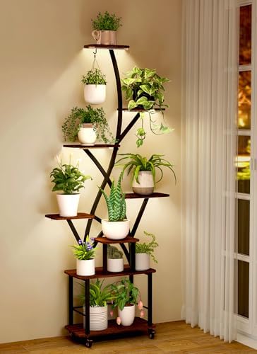 Plant Stand Indoor with Grow Lights 64" Tall Plant Shelf with Wheel Lighted Corner Plant Stands for Indoor Growing Multiple Metal 8 Tiered Large Flower Holder Plant Rack for Home Patio Balcony
