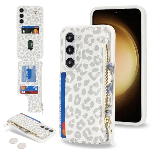Cavor for Samsung Galaxy S23 Plus Case Wallet Card Holder, Leopard White