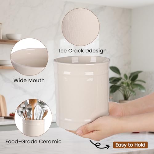 SZUAH Kitchen Utensil Holder, Larger Ceramic Utensil Crock for Kitchen Counter top & Dining Table (Cream, 5.9" x 5.9" x 6.7") - Thumbnail 5
