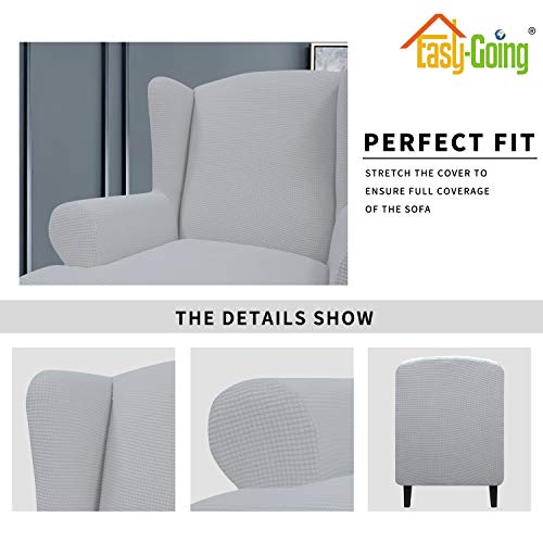 Image of Easy-Going Stretch Large Wingback Chair Sofa Slipcover Silver Gray | 1-Piece Sofa Cover Furniture Protector Couch Soft with Elastic Bottom, Spandex Jacquard Fabric Small Checks