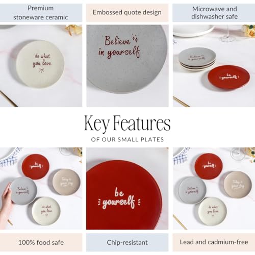 Image of Nestasia Ceramic Round Snack Plate Set of 4 (15cm Each) - Inspiring Quotes Embossed Small Plates for Serving Snacks & Desserts | Microwave & Dishwasher Safe (White, Grey, Red, & Taupe)