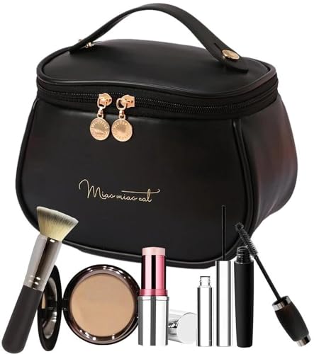 Image of ARLICORPING Large Capacity Cosmetic Bag, Women's Makeup Travel Bag Portable Leather Bag (Black (Medium)), 11 Centimeters